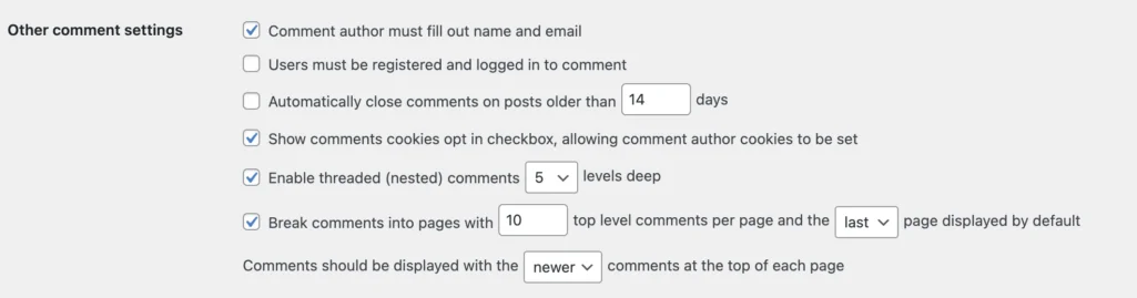 Comment Settings page